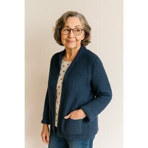 ORVIS Womens Cardigan Sweater Large Blue Open Front Knit Cabin Grannycore Modest